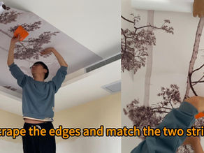 DIY ceiling wallpaper installation – two people applying peel-and-stick botanical wallpaper on ceiling. Step-by-step ceiling wallpaper tutorial for beginners and renters.