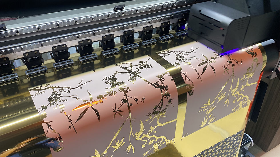 Close-up of a digital printing machine creating custom wallpaper with metallic floral designs, demonstrating RunpWell’s in-house OEM/ODM mural production. Ideal for flagship retail walls, hospitality themes, and corporate branding environments with Pantone-matched precision and 30-day fulfillment.