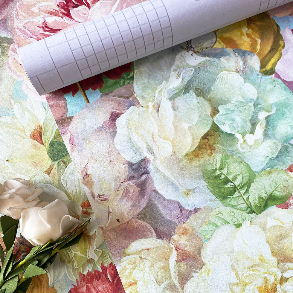 Close-up of self-adhesive peel-and-stick wallpaper featuring a vibrant floral design and pressure-sensitive liner backing. Ideal for retailers, seasonal displays, and renters seeking fast installation and bubble-free removal with RunpWell’s AirLiftGO™ technology.