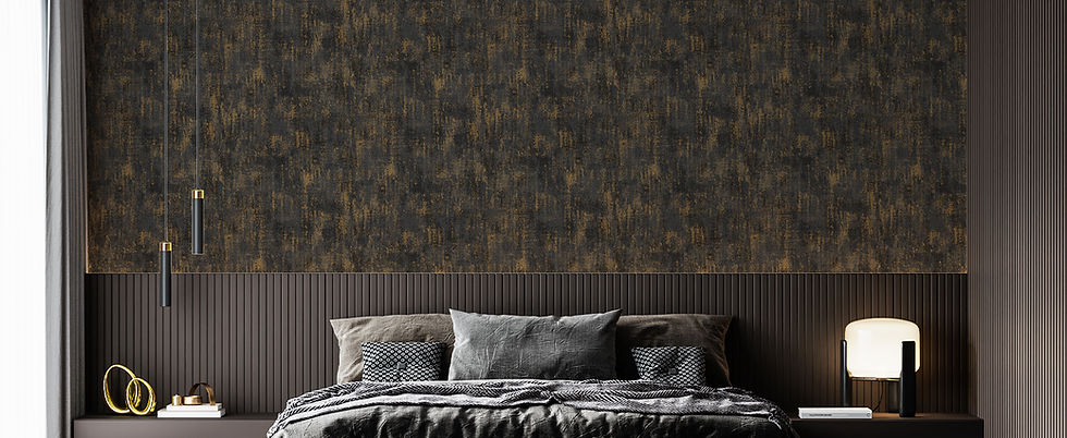 Modern hotel guest room with dark patterned wallpaper, a minimalist bed setup, and accent lighting—showcasing hospitality-grade wallcovering in a real project context.