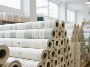 Eco-friendly Zero VOC wallpaper rolls with green leaf patterns stacked in warehouse, ready for sustainable commercial and residential projects.