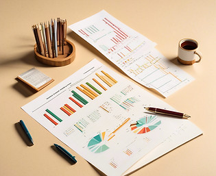 various functional medical test results fanned out on desk with bar charts in neutral colo