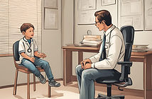 Consulta de psicólogo homem branco a uma criança num gabinete médico com secretária e comp