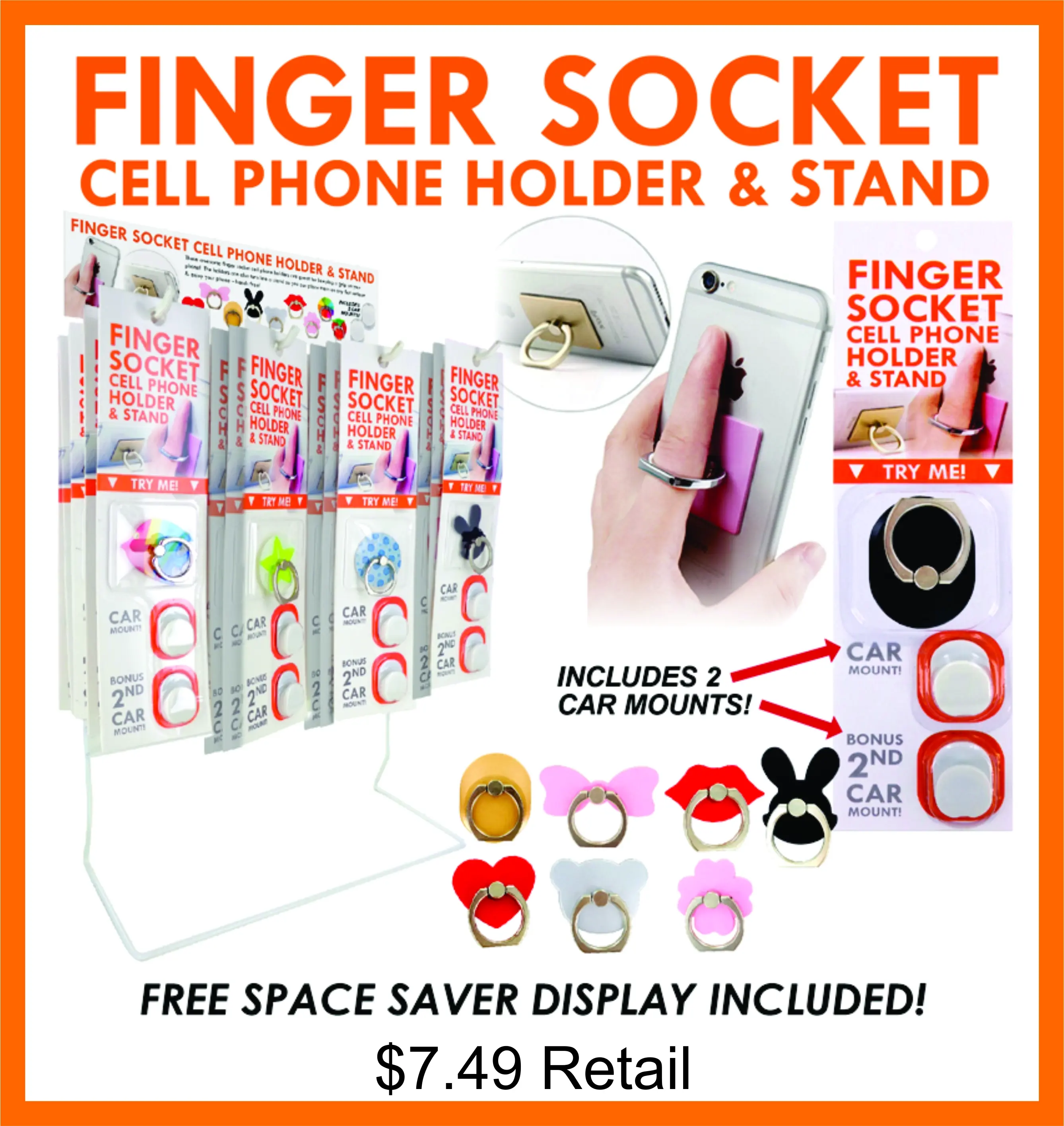 Cell Phone Finger Holders & Stand - Includes 2 Car Mounts