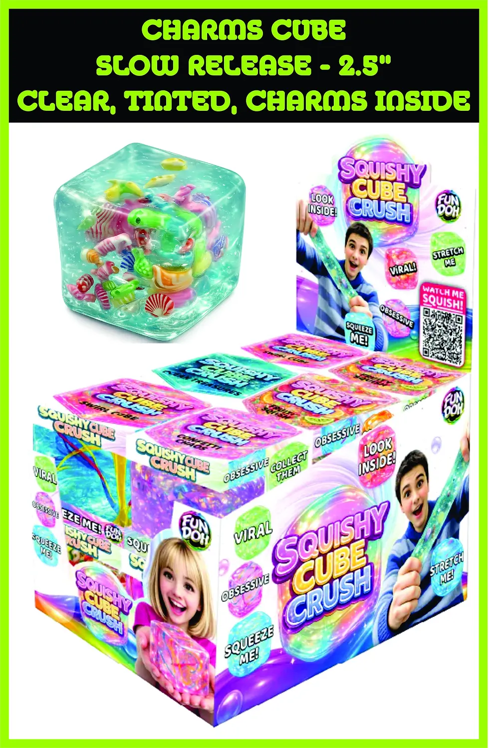 Thumbnail: FunDoh™ Squishy Cube - Slow Release - Clear - Charms Inside - Displays of 12