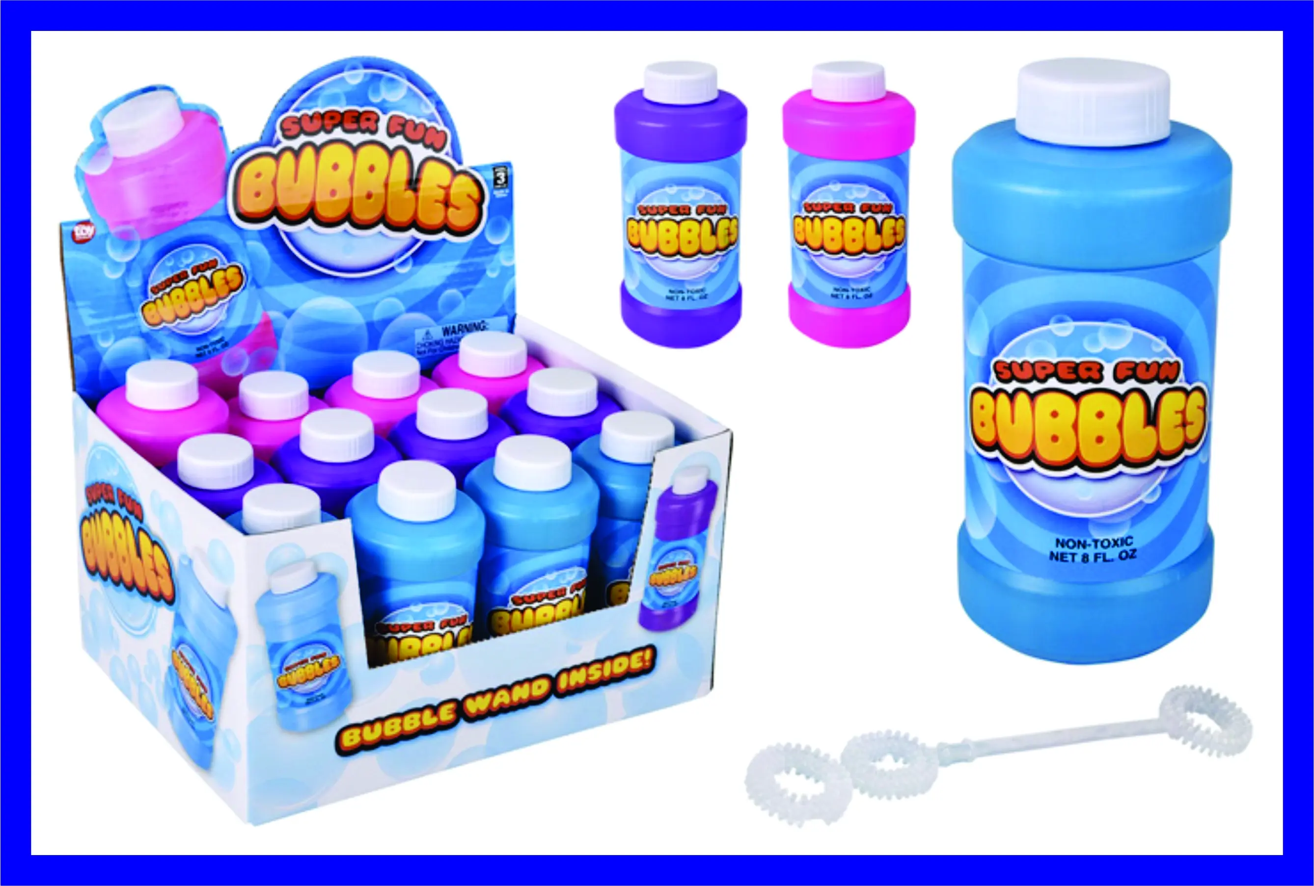 Super Fun Bubbles - 8oz - 3 Assorted Colors - Wand Included  - Counter Display