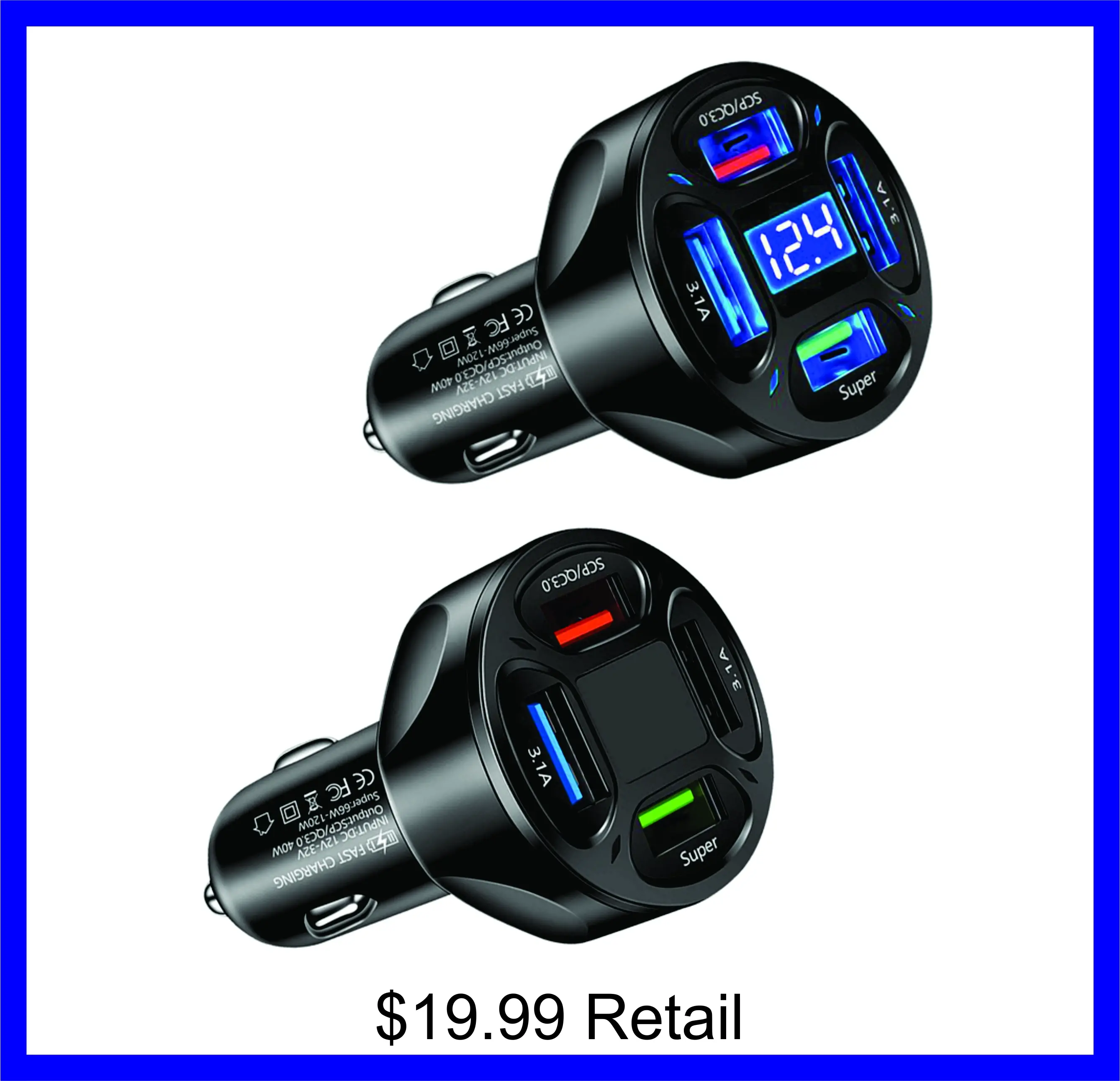3 Amp USB Car Charger - 4 USB Ports (QC & PD)