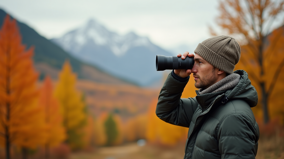 Eye-level view of a birdwatcher observing birds with binoculars