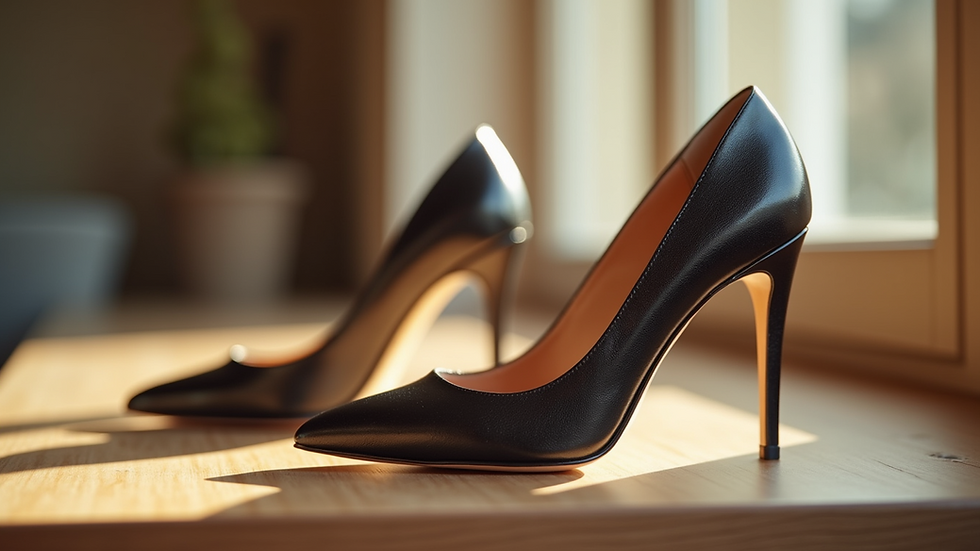 Close-up view of a pair of stylish stilettos on a wooden floor