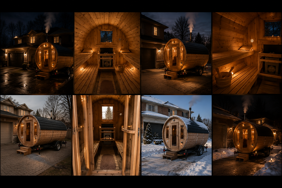 Mobile wood-fired sauna rental experience featuring driveway installations, winter setups, cottage locations, and traditional cedar sauna interiors throughout Ontario.