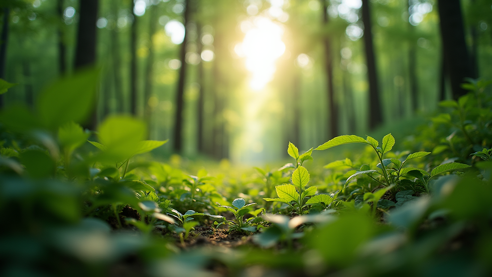 Eye-level view of a lush green forest with sunlight filtering through the leaves