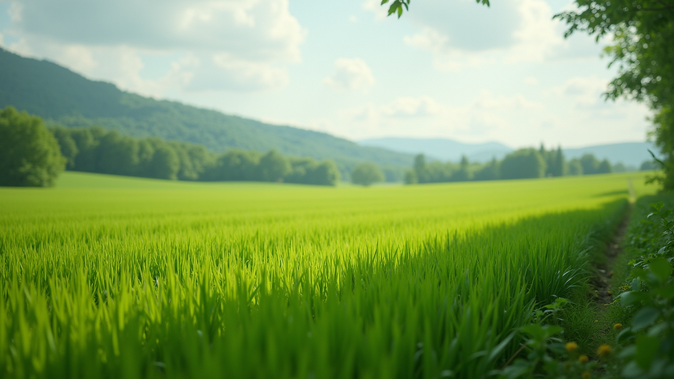 Wide angle view of a lush green farm landscape