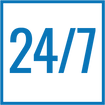 An icon saying 24/7, contained within a box, representing emergency plumbing,