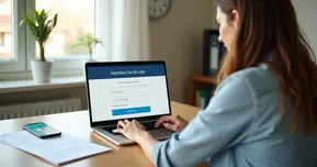 Mulher usando notebook em casa para solicitar pensão por morte online