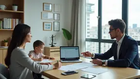 Advogado explicando pensão alimentícia para mãe e filho pequeno em escritório moderno 