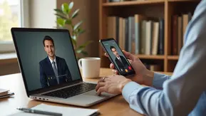 Pessoa em casa usando notebook e smartphone para atendimento jurídico online