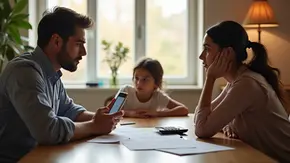 Família discutindo documentos relacionados à pensão alimentícia em ambiente doméstico