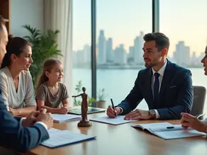 Advogado de família atende casal com filha em escritório com vista para Niterói 