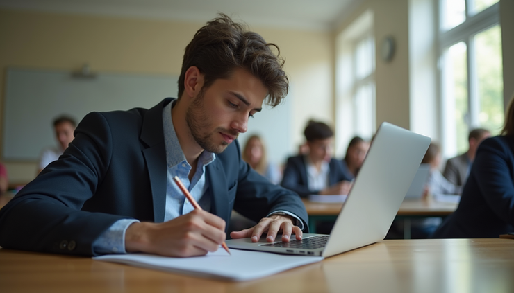 Eye-level view of a student writing a personal statement on a laptop in a quiet study room