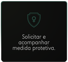 Card com ícone de escudo e texto 'Solicitar e acompanhar medida protetiva'.