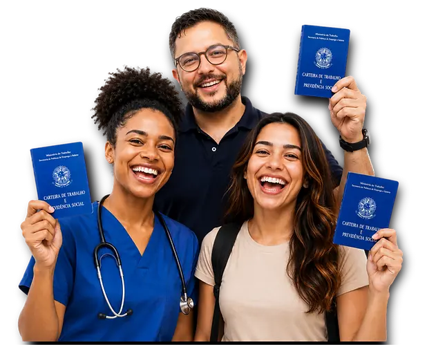Alunos do CEFAE segurando carteiras de trabalho e sorrindo