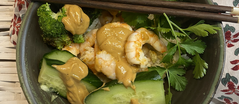 Double gingery shrimp with peanut sauce over rice