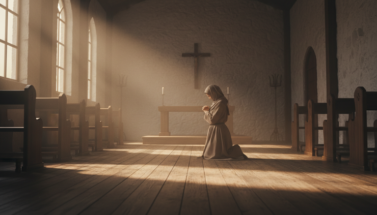 Eye-level view of a person kneeling alone in a quiet chapel with sunlight on the floor.