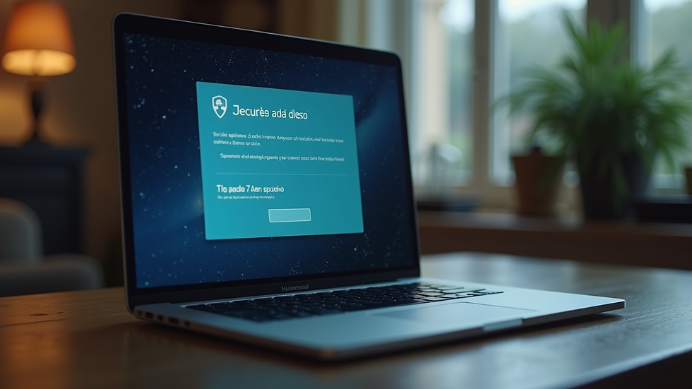 Vista frontal de MacBook con pantalla mostrando notificaciones de seguridad