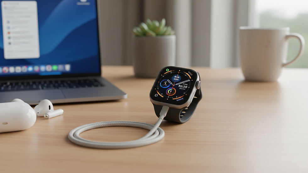 Eye-level view of Apple Watch on a wooden desk with charging cable