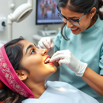 south indian female dentist doing a anterior filling procedure for a south indian girl.jp