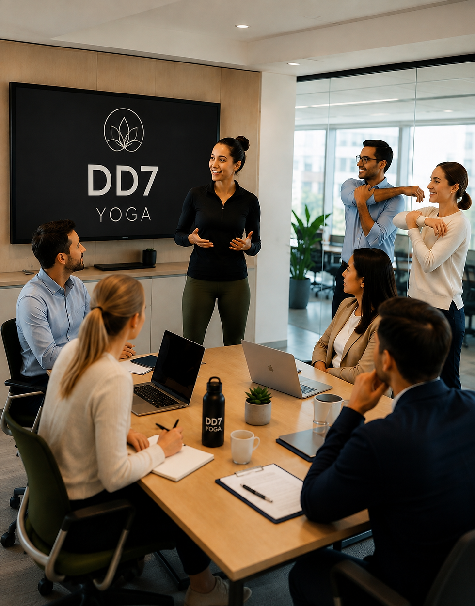 Corporate team wellness workshop with DD7 Yoga instructor in a modern office