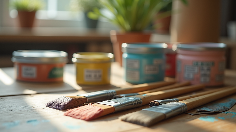 Close-up view of eco-friendly paint cans and brushes on a wooden table