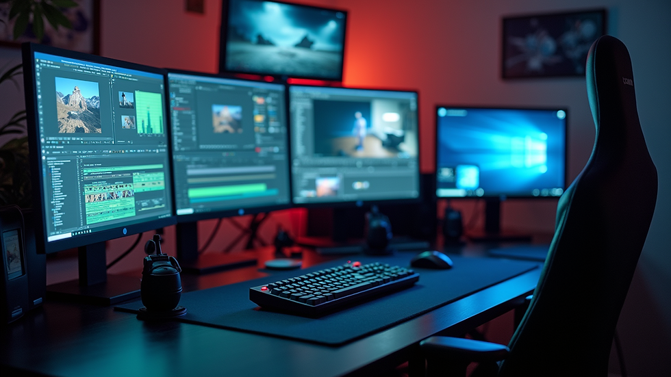 Close-up view of a video editing workstation with multiple screens