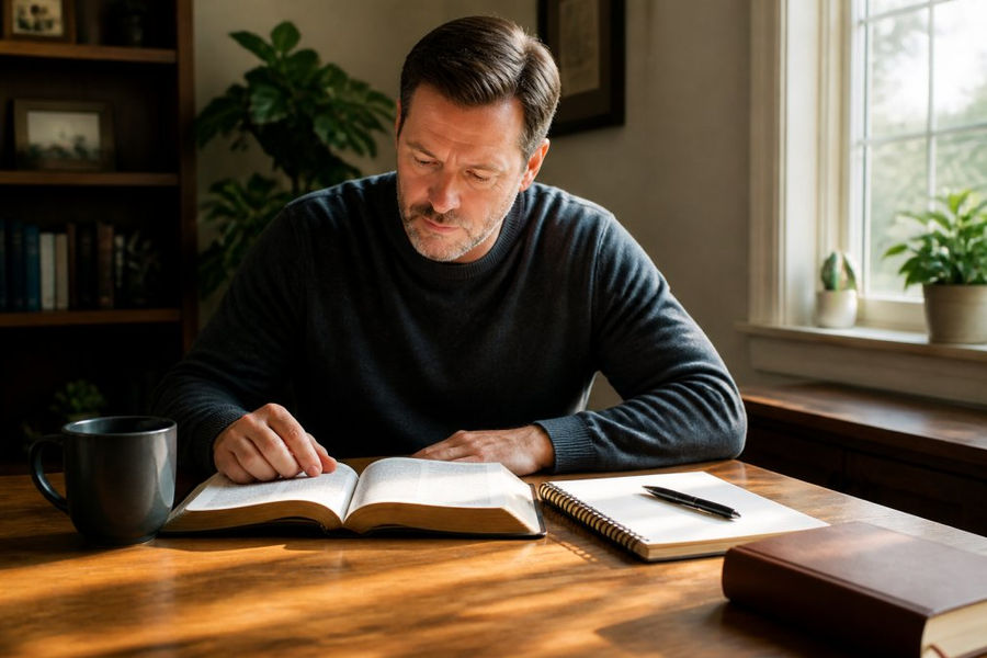 Person sitting at a wooden desk with an open Bible, lined notebook, and pen, natural morning light streaming through a window, peaceful focused expression
