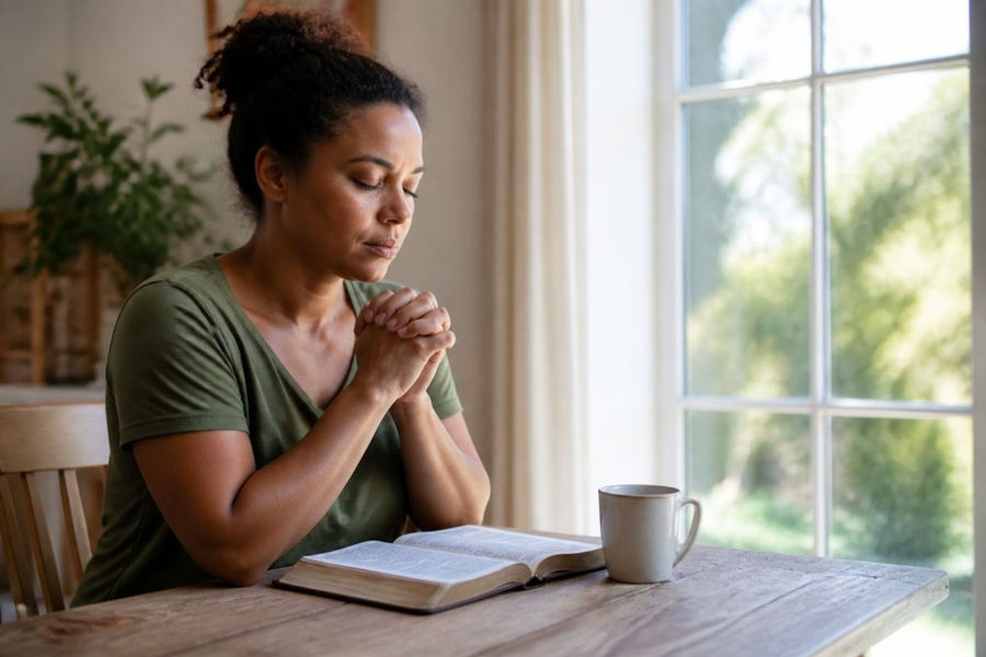 Person sitting in quiet reflection, embodying the fruit of the spirit through a peaceful, prayerful posture