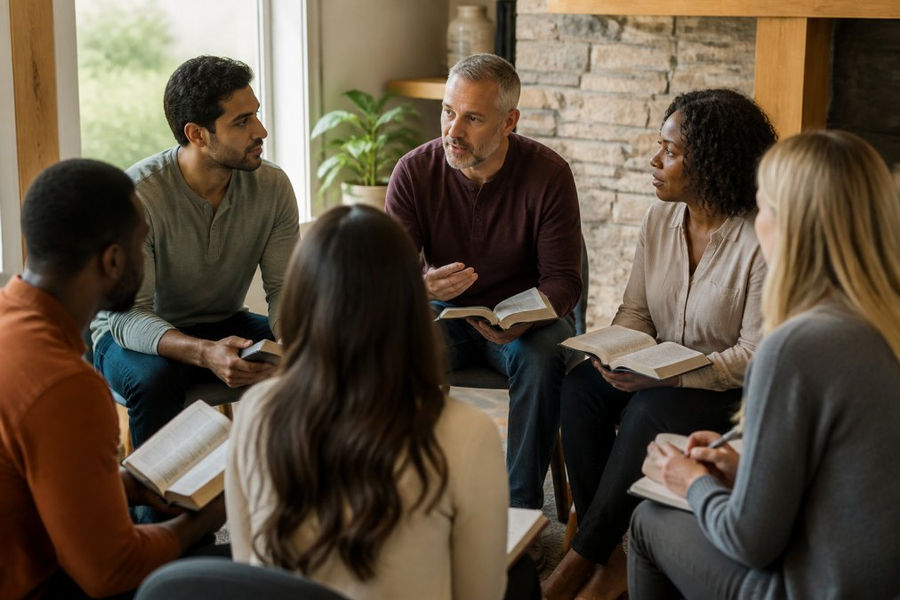 Group exchanging thoughts about biblical evidence for the rapture