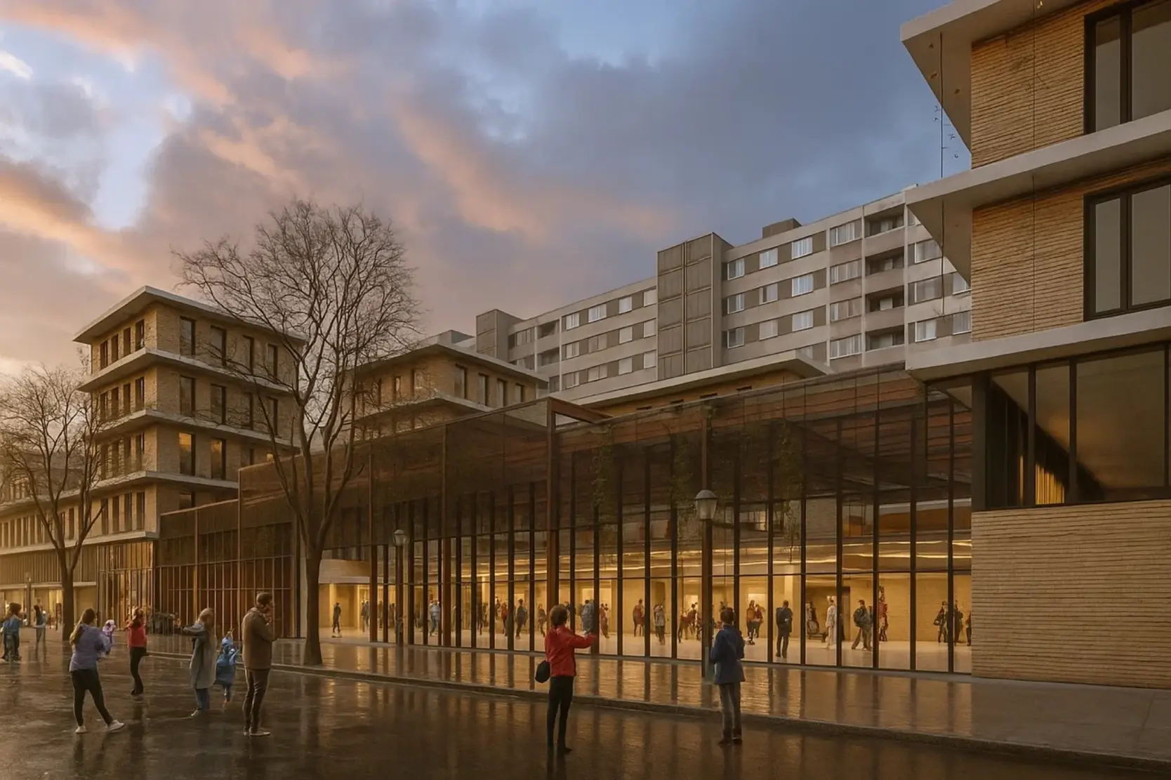 Einkaufszentrum Marl bei Tageslicht – zeitgenössischer Entwurf von Huster Architekten mit nachhaltiger Fassadengestaltung.
