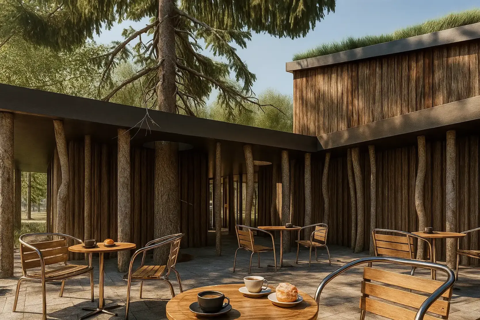 Café- und Gemeinschaftsbereich des Luxus Campingplatzes Waldzeit in Haltern am See, Architektur von Huster Architekten