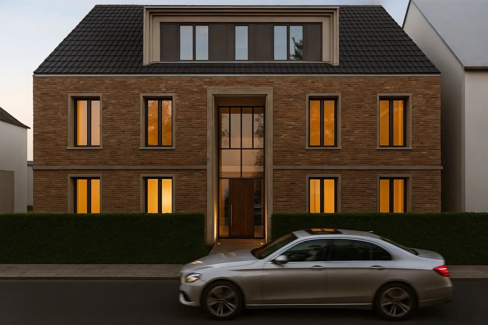 Mehrfamilienhaus in Senden von Huster Architekten – hochwertige Wohnarchitektur mit Klinkerfassade und symmetrischer Fassadengestaltung