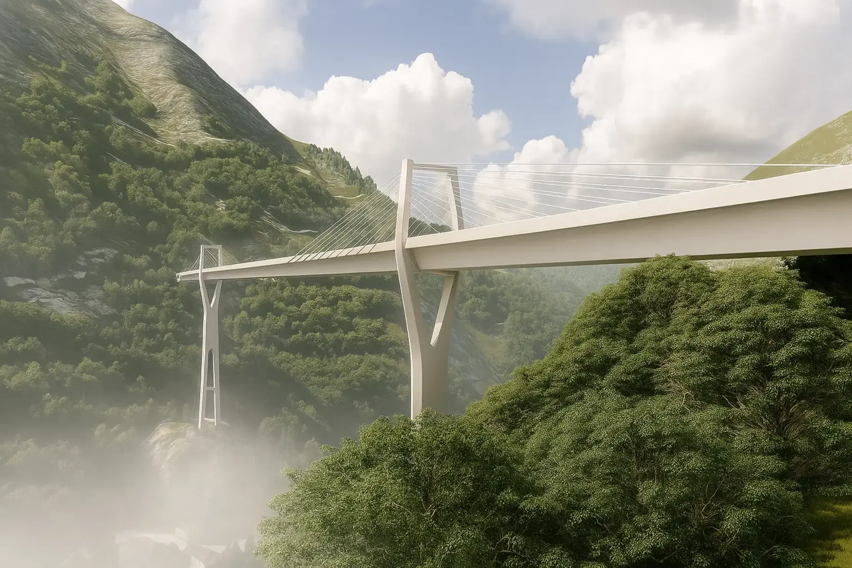 Moderner Brückenentwurf von Huster Architekten in alpiner Landschaft mit Seilkonstruktion und schlanken Stützen