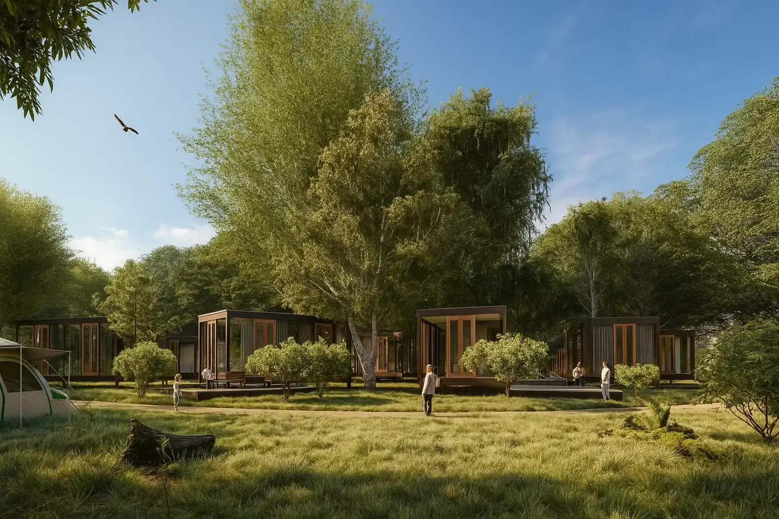 Nachhaltige Lodges auf dem Luxus Campingplatz Waldzeit in Haltern am See, naturnahe Architektur von Huster Architekten