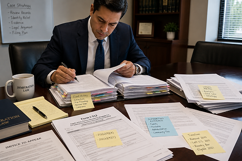Immigration lawyer reviewing complex deportation and reentry case documents