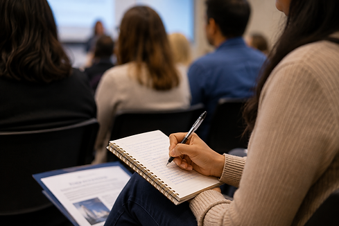 Person taking notes during an educational immigration presentation about the U.S. immigration system.