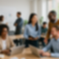 Diverse professionals collaborating in a modern office, representing a positive work environment ideal for PERM immigration sponsorship and employment-based green card processes.