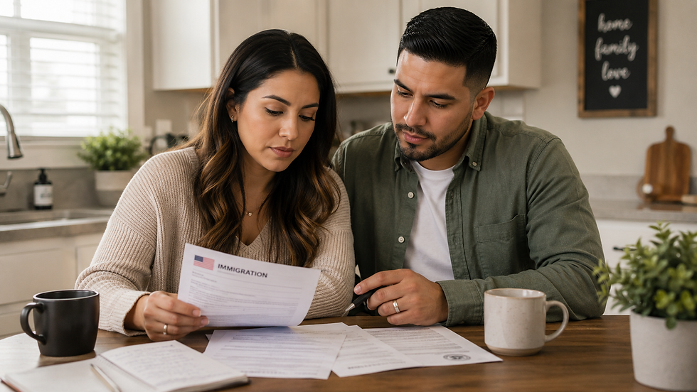Married couple reviewing immigration paperwork together at their kitchen table.