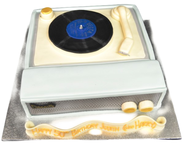 Bespoke cake shaped like a vintage record player with detailed vinyl and tonearm, crafted in Solihull, West Midlands.