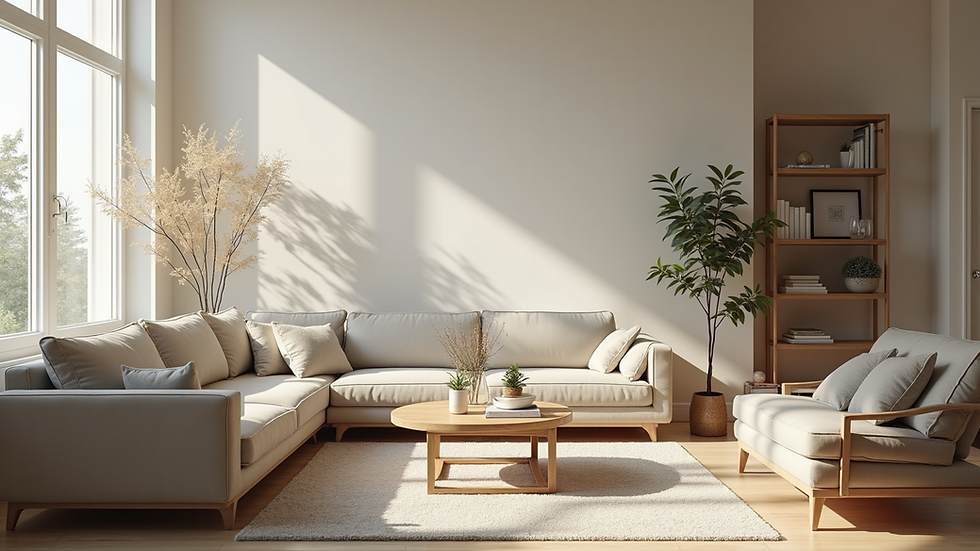 Eye-level view of a clean and organized living room with natural light