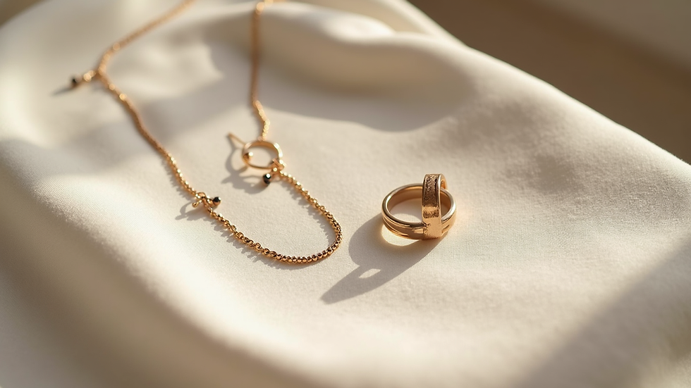 High angle view of a minimalist jewelry set including a necklace, ring, and earrings on a soft fabric
