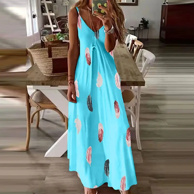Thumbnail: Boho Feather Print Maxi Dress – Casual V-Neck Summer Strappy Sundress