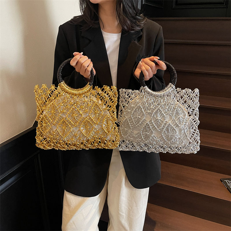 Thumbnail: Handmade Woven Round Handle Tote Bag | Eco-Friendly Metallic Straw Handbag